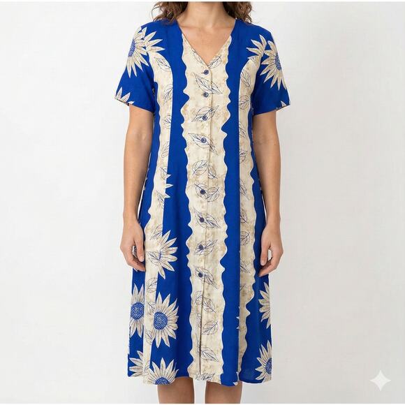 Island Style Large Rayon Dress Blue Yellow Short Sleeve Tie Back Rayon - Picture 1 of 7